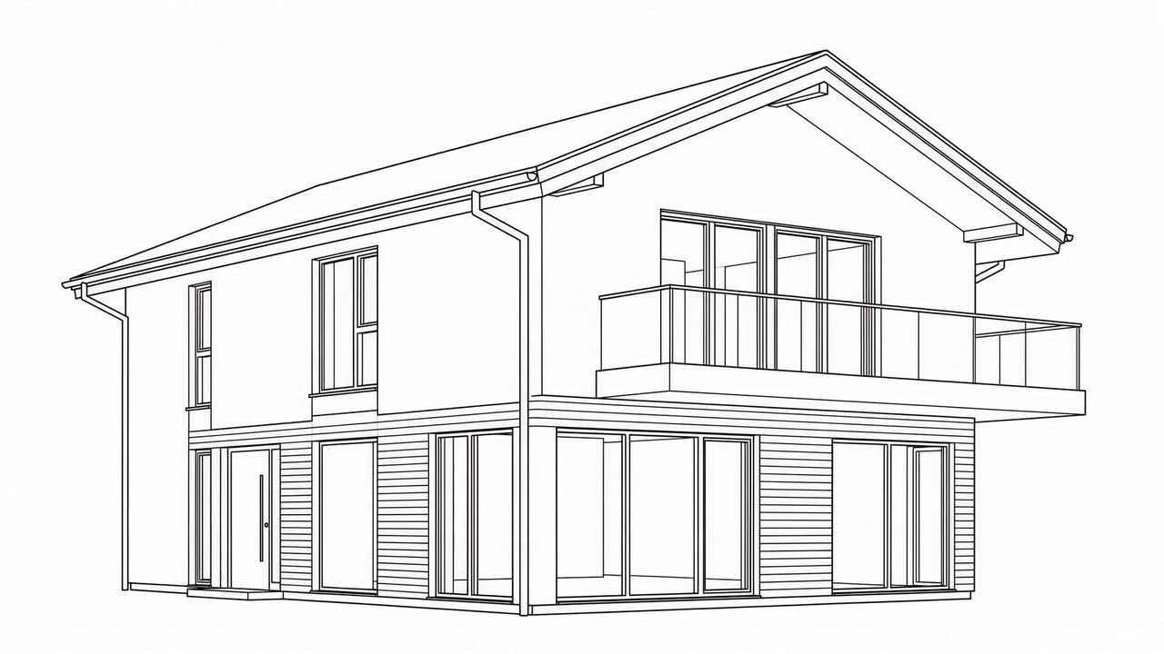 Architekturzeichnung eines modernen zweigeschossigen Wohnhauses mit Satteldach und Balkon